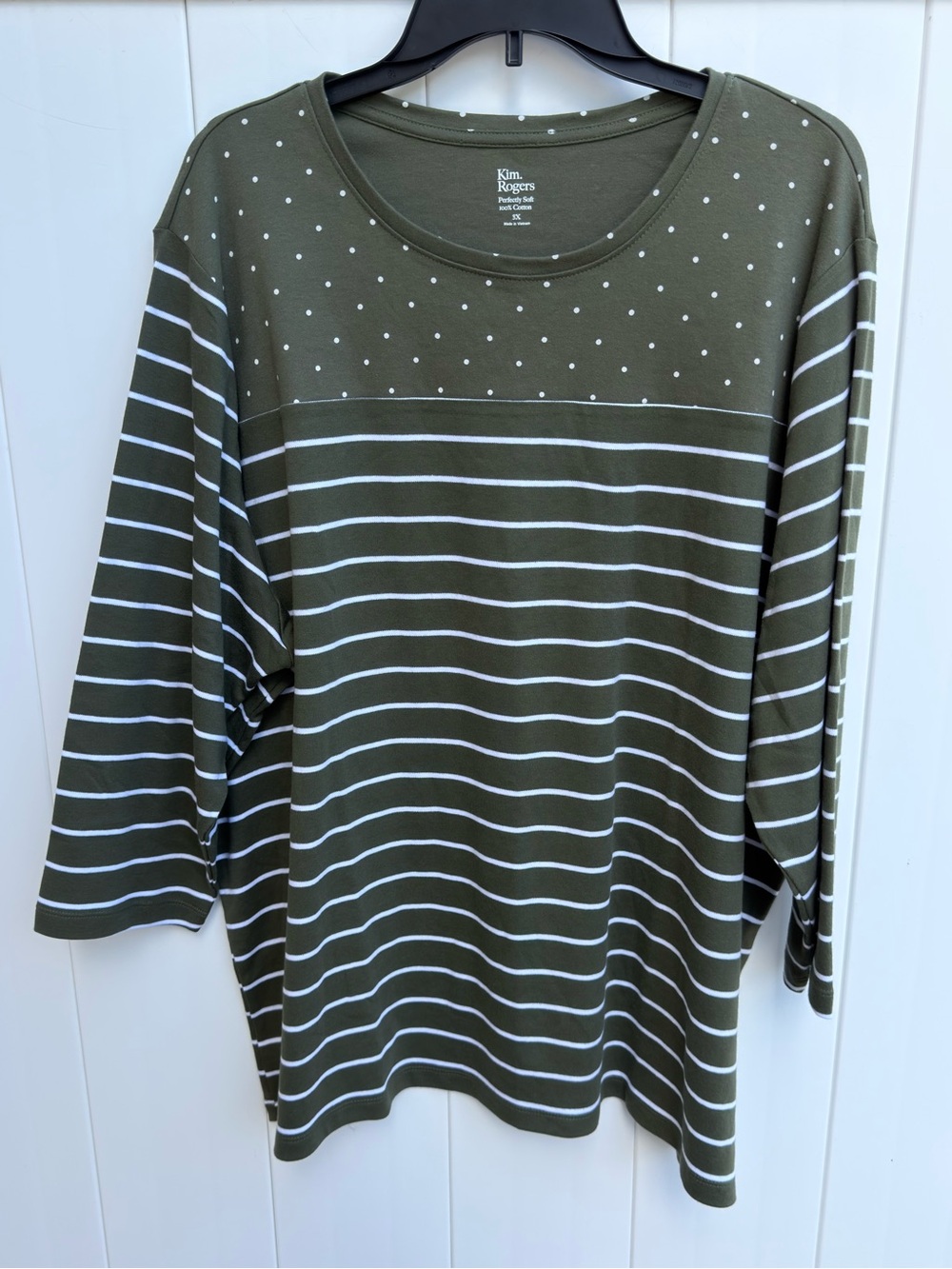 NWT Kim Rogers Perfectly Soft Olive Green Striped & Polka Dot Long Sleeve Top 3X
